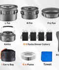 27 Piece Camping Cookware Kit For Two To Four People With Kettle Pots And Pans, Stainless Steel Utensils And Plates displayed