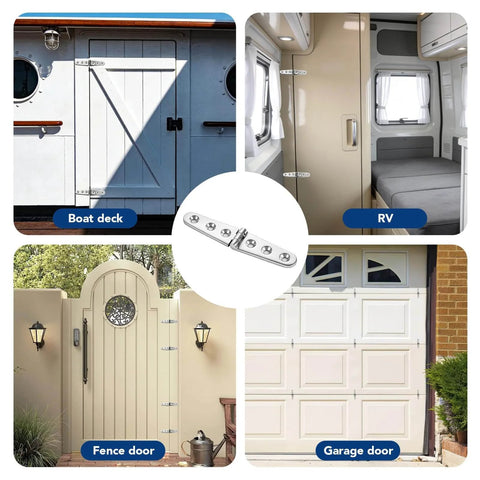 Heavy Duty Flat Strap Hinge Symmetrical Marine Grade 316 Stainless Steel For Boat Hatches Toolboxes Doors And Gates 6 By 1.18 Inch 2 Pack Corrosion Resistant Ideal For Saltwater Environments shown used on boat deck, RV, fence door, garage door.