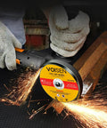 Person using angle grinder with Four And A Half Inch Cut Off Wheel Set For Angle Grinders One Hundred Pcs Heavy Duty Fast Cutting Discs
