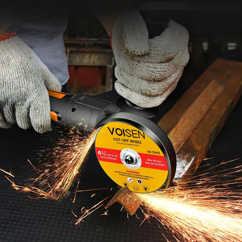 Person using angle grinder with Four And A Half Inch Cut Off Wheel Set For Angle Grinders One Hundred Pcs Heavy Duty Fast Cutting Discs