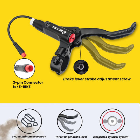 Zoom e-bike hydraulic brake lever with 2-pin connector, CNC aluminum body, three-finger lever.