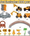 Construction Race Car Track Set For Kids With Flexible Bendable Tracks And 2 Electric Cars DIY Road Builder Playset Super Birthday Gift For 3 To 7 Year Old Boys 220 Plus Pieces Of Engineering Fun showing 228 pieces including vehicles and signs