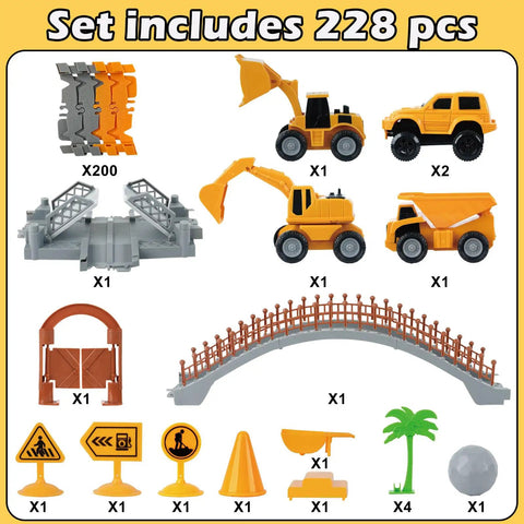 Construction Race Car Track Set For Kids With Flexible Bendable Tracks And 2 Electric Cars DIY Road Builder Playset Super Birthday Gift For 3 To 7 Year Old Boys 220 Plus Pieces Of Engineering Fun showing 228 pieces including vehicles and signs