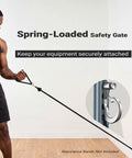 Solid Dual Sliding Wall Anchor Rail System With Adjustable Height For Resistance Bands And Suspension Trainers Made From Heavy Duty Aluminum showing spring-loaded safety gate securing bands.