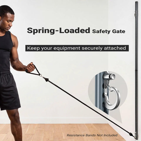 Solid Dual Sliding Wall Anchor Rail System With Adjustable Height For Resistance Bands And Suspension Trainers Made From Heavy Duty Aluminum showing spring-loaded safety gate securing bands.