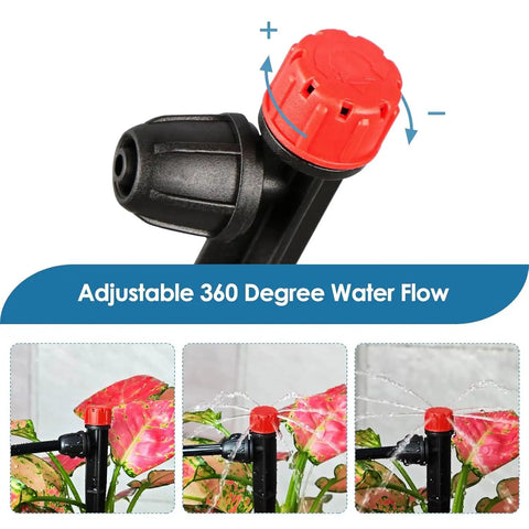 Close-up of red emitter on drip system with adjustable 360-degree water flow showing operation, part of 50 pack drip emitters with stakes.