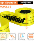Heavy Duty Tow Strap 3 Inch By 8 Foot Tree Saver Pull Strap With 30,000 Pound Capacity, shown coiled with features icons.