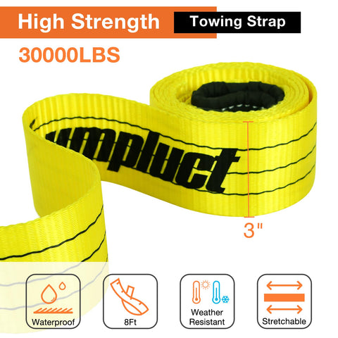 Heavy Duty Tow Strap 3 Inch By 8 Foot Tree Saver Pull Strap With 30,000 Pound Capacity, shown coiled with features icons.