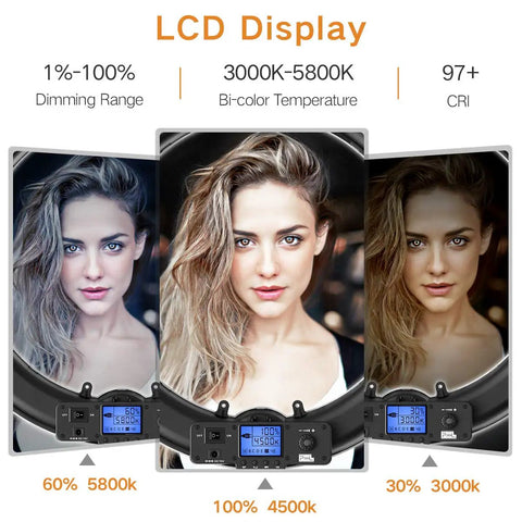 Bi-Color Ring Light With LCD Display And Stand, 19-Inch, 55W, adjustable lighting effects on portraits, CRI 97 Plus