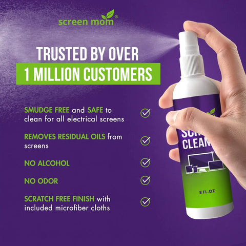 Streak Free Screen Cleaner Spray Bundle With 8oz And 2oz Bottles And Four Microfiber Cloths For Eyeglasses Monitors TVs Laptops Tablets And Electronics Car Display Cleaning Kit with hand holding the 8oz bottle labeled 'Screen Cleaner' on purple background.
