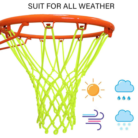 Glow In The Dark Night Basketball Net for Outdoor Hoops, solar powered luminous nylon net fits 21 inch rims, installed on hoop