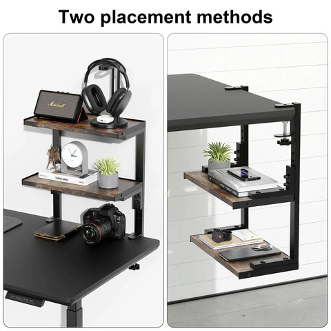 Expandable Under Desk Storage 2 Tier Shelf Clamp On Desk Organizer with wood finish, two placement methods in office setup