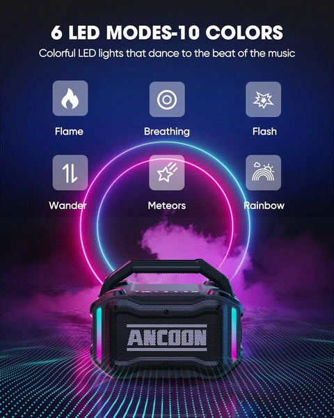 Rugged Bluetooth Wireless Speaker With 80W Peak Power And Dope Bass, 20 Hours Play Time, IPX6 Waterproof, LED light modes