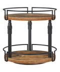 Smooth Spin Two Tier Lazy Susan Spice Rack Organizer With Adjustable Height For Kitchen Counter And Cabinet Storage Rustic Brown Finish, black frame with wood shelves.