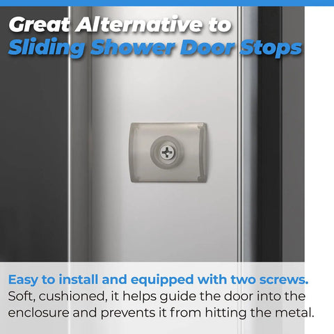 Clear Wall Jamb Bumpers For Sliding Glass Shower Doors And Tub Enclosures Quiet Scratch Resistant Door Stops installed on a door frame.