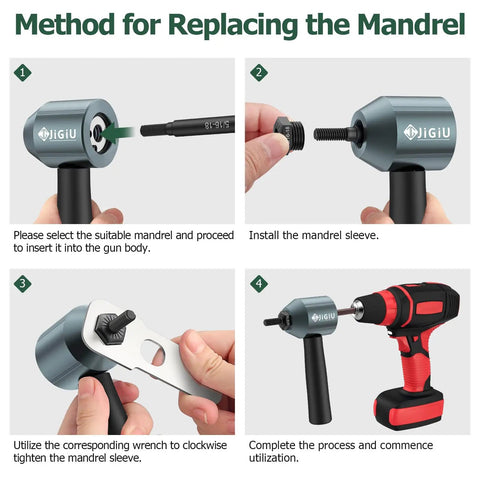 Transform Your Drills Into A Clutch Rivet Nut Tool With This Heavy Duty Cordless Adapter Kit showing mandrel replacement steps.