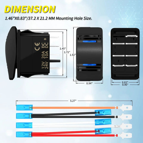 Marine Grade 12V DPDT Rocker Switch 3 Way On Off On Toggle 7 Pin Waterproof Blue LED Indicator With Jumper Wires For Automotive Car UTV ATV Boat Built Tough With Splash Resistant Seal For Boats ATVs UTVs, dimensions and wires