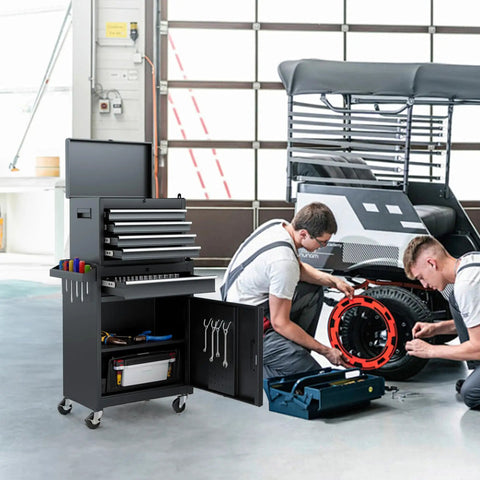 Boss Level Shop Storage Roll This Five Drawer Tool Chest Straight To Your Garage With A Snazzy Detachable Top Box And Heavy Duty Black Finish For Seamless Rolling, shown with tools and repair work.
