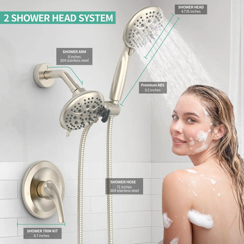 Rain and Handheld Shower System with Five Spray Dual 2 in 1 High Pressure Shower Faucet 3 Way Diverter Brushed Nickel Finish Valve Included