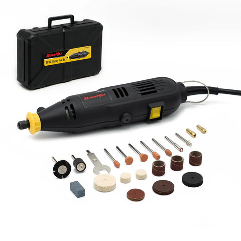 40-Piece Rotary Tool Kit with Variable Speed 8,000 to 30,000 RPM, 120V Corded and Blow Mold Case, accessories displayed
