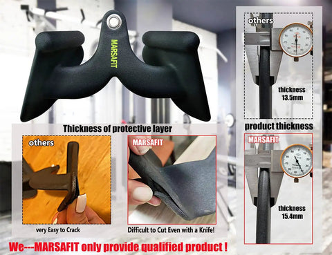 Solid Steel Lat Pull Down Bar Attachment For Cable Machines showing thickness comparison and MARSAFIT branding.