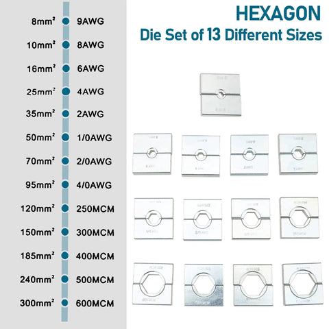 Die set of 13 different sizes for Beefy 16 Ton Hydraulic Crimping Tool For 9 AWG To 600 MCM Copper And Aluminum Wires With Rotating Head Battery Cable Crimper Includes 13 Die Sets And Gloves Heavy Duty Wire Terminal Crimper Kit For Home And Shop.