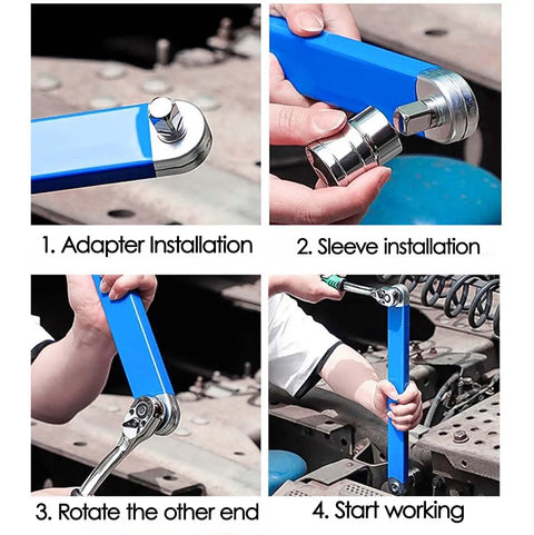Offset Extension Wrench Set With Zero Degree Swing Arc For Maximum Access, Heavy Duty High Carbon Impact Tool Built For Automotive, HVAC And Industrial Machinery, Includes One Quarter Inch, Three Eighths Inch And One Half Inch Drives, shown in use