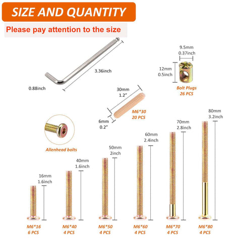 Diagram of Must Have Hardware Replacement Kit For Cribs And Furniture with bolt sizes, wrench, and barrel nuts illustrated.