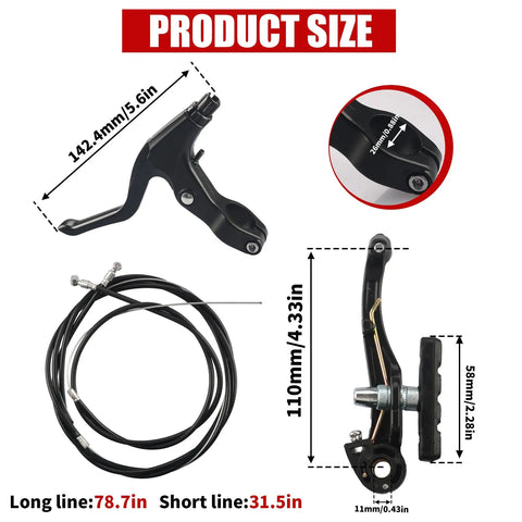 All In One Bike Brake Kit With Front And Rear Calipers Levers Cables Plus Multi Tool And Wrenches Includes Cable Ties And User Friendly Hardware Universal MTB Black For DIY Install showing product size with dimensions