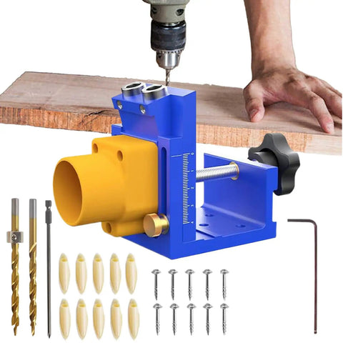 Heavy Duty Pocket Hole Jig Kit With Integrated Dust Catcher Quick Lock Handles And Dead Accurate Alignment for woodworking with drill.