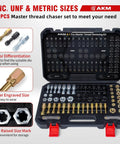 AKM 61-piece thread restorer kit in a black storage case featuring UNC/UNF and metric sizes with thread pitch gauge