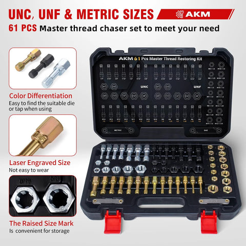 AKM 61-piece thread restorer kit in a black storage case featuring UNC/UNF and metric sizes with thread pitch gauge