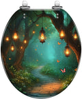 Toilet Seat Round Resin for Bathroom featuring a forest scene with lanterns and butterflies on a decorative design.