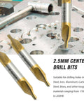 Front view of MDEOOSKY 2.5mm center drill bit set, 10 pcs, M2 HSS TiN coated with gold tips