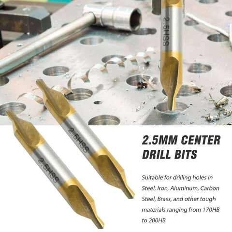 Front view of MDEOOSKY 2.5mm center drill bit set, 10 pcs, M2 HSS TiN coated with gold tips