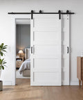 White Double Barn Door Set 36 By 84 Inches, 5-Panel MDF Sliding Doors With 6 Foot Bypass Hardware Kit in living room
