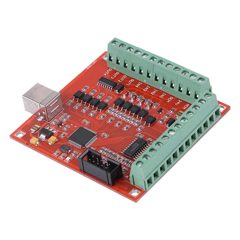 USB 100KHz Motion Controller Board For CNC Engraving With 0 To 10V Analog Output And Optional 0 To 5V Config Limit Switch Ready High Speed 100KHz Pulse Drive For CNC Servo Motors And Hobby CNC Enthusiasts. red PCB USB CNC motion controller board with screw terminals