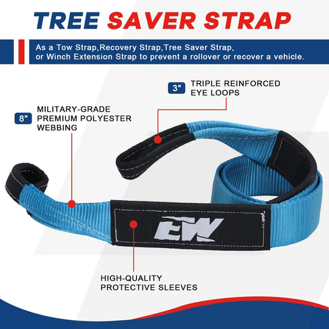 Beefed Up Off Road Recovery Kit With 3 Inch By 8 Foot Tree Saver Strap, 3/4 Inch D Ring Shackles, 10 Ton Snatch Block Pulley, And Storage Bag For Truck SUV ATV 4x4 blue 3-inch by 8-foot polyester tree saver strap