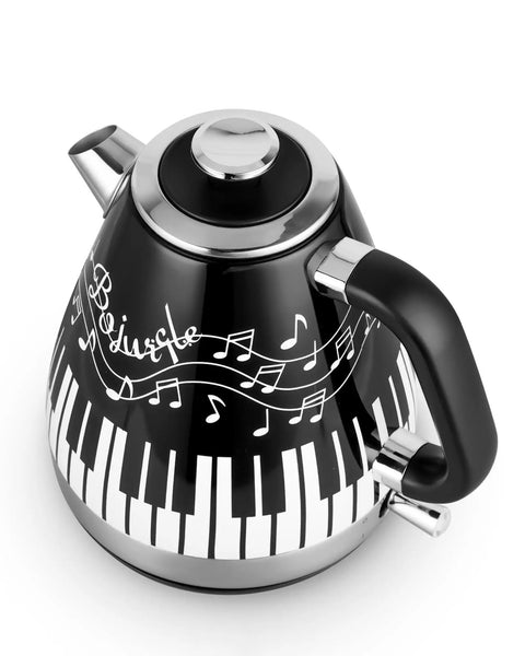 Electric Kettle With Piano And Musical Notes Design 1.7 Liter Stainless Steel Interior 1200 Watt Fast Boil For Tea And Coffee