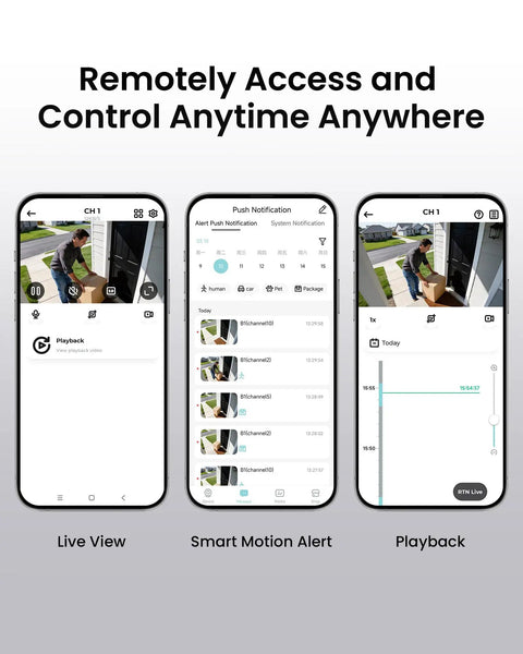 Remote access feature of 3K Lite Security Camera System With AI Human And Vehicle Detection displayed on mobile apps