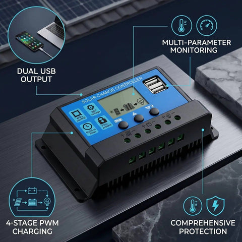Powerful 12V 24V PWM Solar Controller With LCD Display and USB Output, 100A MPPT style solar charger for RVs, Boats, or Home Power