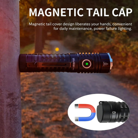 TS22 4500 Lumen Rechargeable LED Flashlight With Magnetic Tail Cap shown attached to a pole. Inset diagram of magnet.