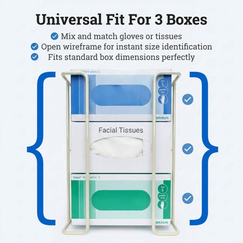 Hella Handy Wall Mount Glove And Tissue Wire Rack Dispenser That Holds Up To Three Boxes with tissue boxes displayed