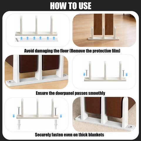 Sliding Closet Door Floor Guide Set White Bottom Track Guides For Stable Door Sliders With Floor Mount Or Adhesive Pad Installations Includes Four Guides Sixteen Screws With Anchors And Four Adhesive Pads For Easy Quiet Operation On Various Surfaces instructional images