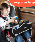 Child using Kids Travel Tray For Car, Tablet Holder Lap Desk With Activity Sheets And Pens in back seat