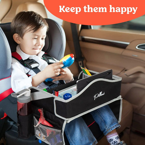 Child using Kids Travel Tray For Car, Tablet Holder Lap Desk With Activity Sheets And Pens in back seat