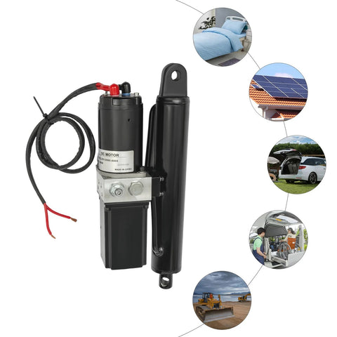12V hydraulic linear actuator with electric motor, black housing and mounting bracket; 4409-lb thrust (front view).