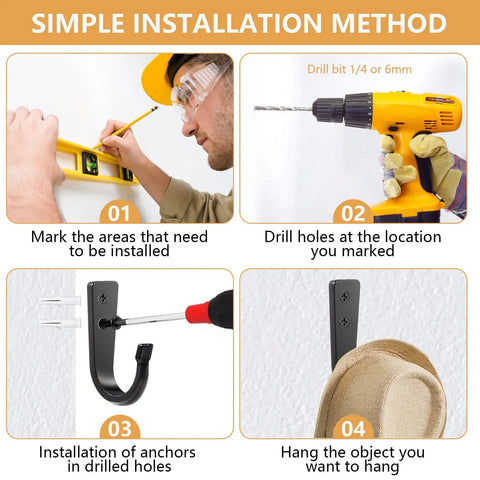 Simple installation method for Heavy Duty Wall Hook Set For Hanging Coats, Backpacks, Pans, And Garage Gear, Extra Large Zinc Alloy.