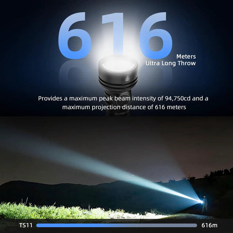 Pocket Size EDC Flashlight With 2000 Lumens, 616 Meter Beam Distance, highlighting long throw of beam by illuminating distant landscape