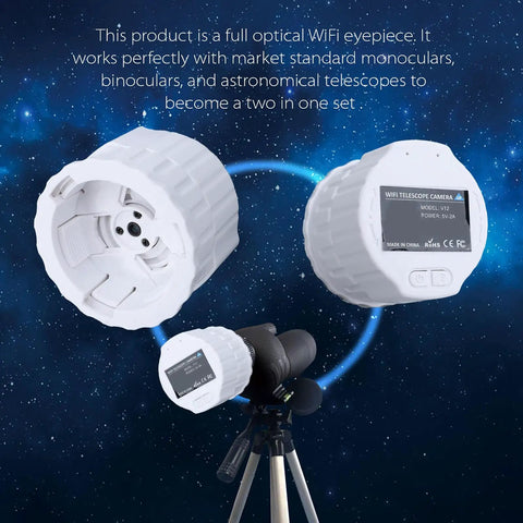 White Telescope Camera Eyepiece With 1080P FHD Video And 2K Recording Plus 4MP Photos; two views next to telescope setup